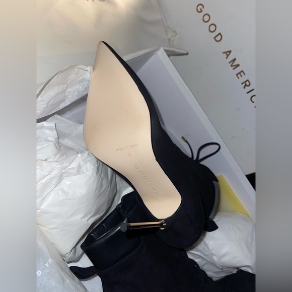 Good American Scandal Lace Up Stilleto Booties Stone BNWB Womens Size 9 Blk/Gold - Picture 8 of 16